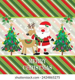 Christmas card design with cute santa, reindeer and christmas tree