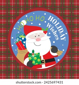 Christmas card design with cute santa and tartan background