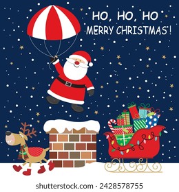 Christmas card design with cute santa, parachute, reindeer, sleigh and chimney