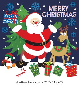Christmas card design with cute santa, reindeer and penguin