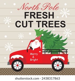 Christmas card design with cute santa and christmas tree in the red truck