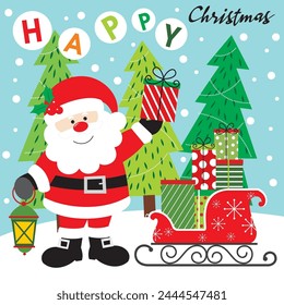 Christmas card design with cute santa, sleigh and gifts