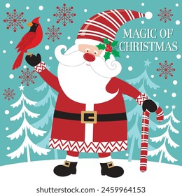 Christmas card design with cute santa, candy cane and cardinal bird