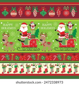 Christmas card design with cute Santa, sleigh, reindeer, baubles and stockings