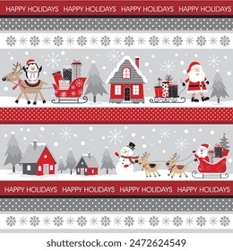 Christmas card design with cute Santa, reindeer, penguin, snowman and house