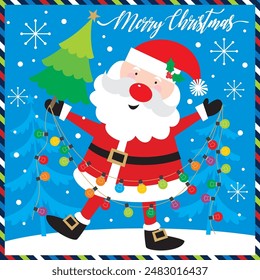 Christmas card design with cute Santa, tree and lights