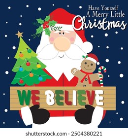 Christmas card design with cute santa, tree and gingerbread man