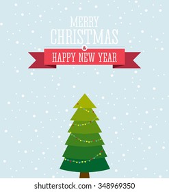 Christmas card design with the cute single Christmas tree on the snowy winter day.