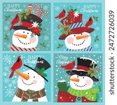 Christmas card design with cute snowman, wreath, cardinal bird and candy cane