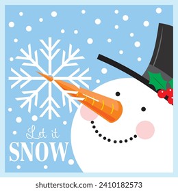 Christmas card design with cute snowman and snowflakes