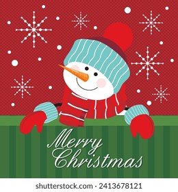 Christmas card design with cute snowman and snowflakes