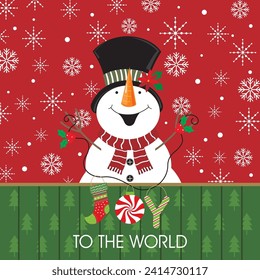 Christmas card design with cute snowman and joy to the world