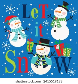 Christmas card design with cute snowman and let it snow text