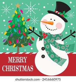 Christmas card design with cute snowman and tree