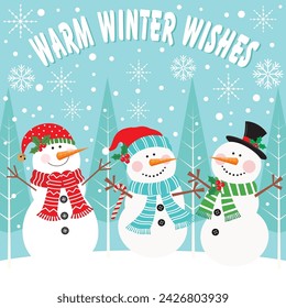 Christmas card design with cute snowman, snowflakes and christmas tree