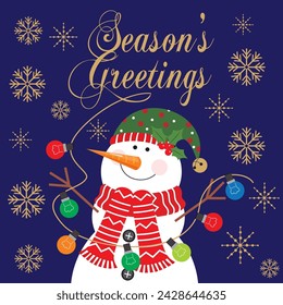 Weihnachtskartendesign mit niedlichem Schneemann und Lichtern