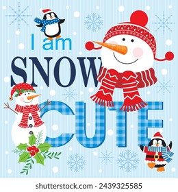 Christmas card design with cute snowman and lettering