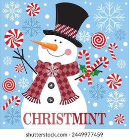 Christmas card design with cute snowman and candy cane