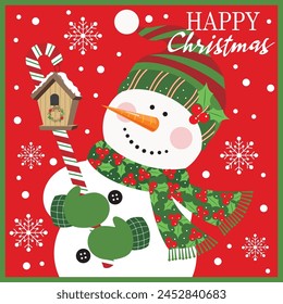 Christmas card design with cute snowman, candy cane and ird house