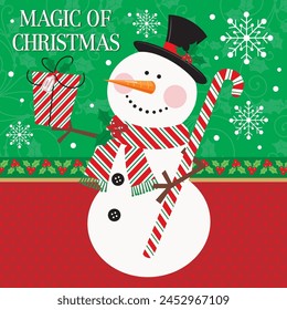 Christmas card design with cute snowman, gift and candy cane