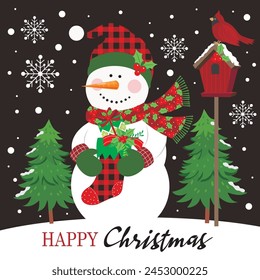 Christmas card design with cute snowman, stocking and cardinal bird