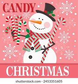 Christmas card design with cute snowman and candy cane