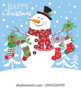 Christmas card design with cute snowman and stocking