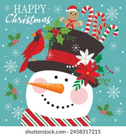 Christmas card design with cute snowman, cardinal bird and candy cane