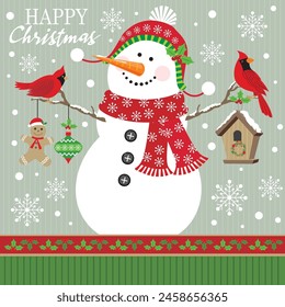 Christmas card design with cute snowman and cardinal bird