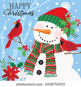 Christmas card design with cute snowman and cardinal birds