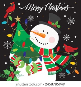 Christmas card design with cute snowman, lights and cardinal birds