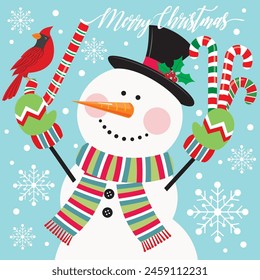 Christmas card design with cute snowman, candy cane and cardinal bird