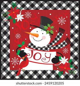 Christmas card design with cute snowman. wreath and buffalo plaid background