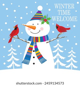 Christmas card design with cute snowman and cardinal birds