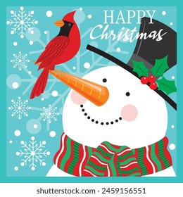 Christmas card design with cute snowman and cardinal bird