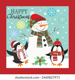 Christmas card design with cute snowman and penguins