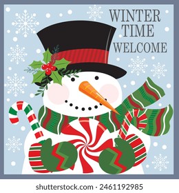 Christmas card design with cute snowman and candy canes