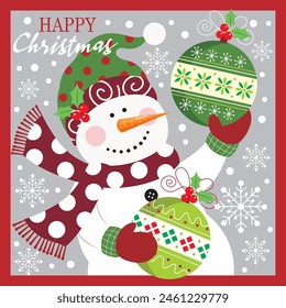 Christmas card design with cute snowman and baubles