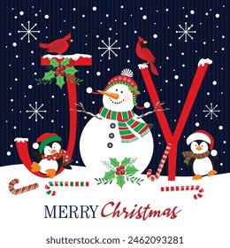 Christmas card design with cute snowman, cardinal birds and penguins