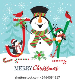 Christmas card design with cute snowman, cardinal bird and penguin