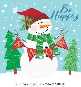 Christmas card design with cute snowman and tree