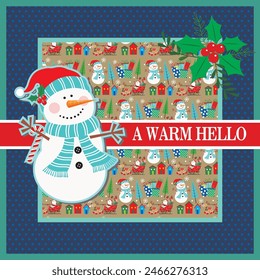 Christmas card design with cute snowman, wreath and pattern