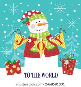 Christmas card design with cute snowman, gifts and joy to the world