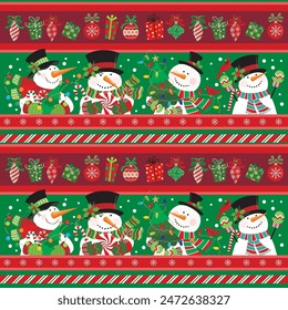 Christmas card design with cute snowman, gift and bauble pattern