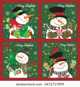 Christmas card design with cute snowman, bird, tree, candy cane and light