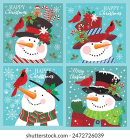 Christmas card design with cute snowman, wreath, cardinal bird and candy cane