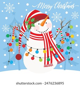 Christmas card design with cute snowman and lights