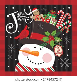 Christmas card design with cute snowman, cardinal bird and candy cane