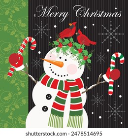 Christmas card design with cute snowman, cardinal bird and candy cane