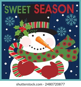 Christmas card design with cute snowman and candy cane